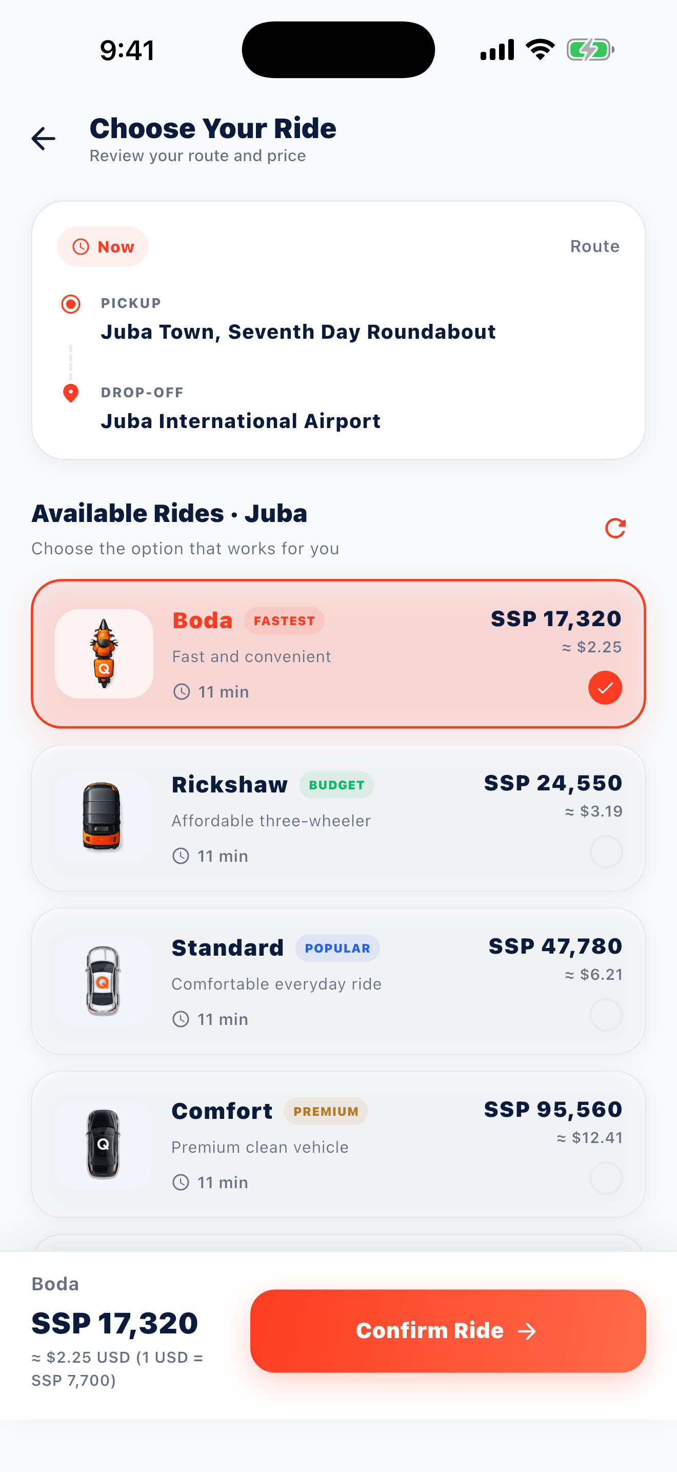 QuikkRide Upfront Fare & Ride Options